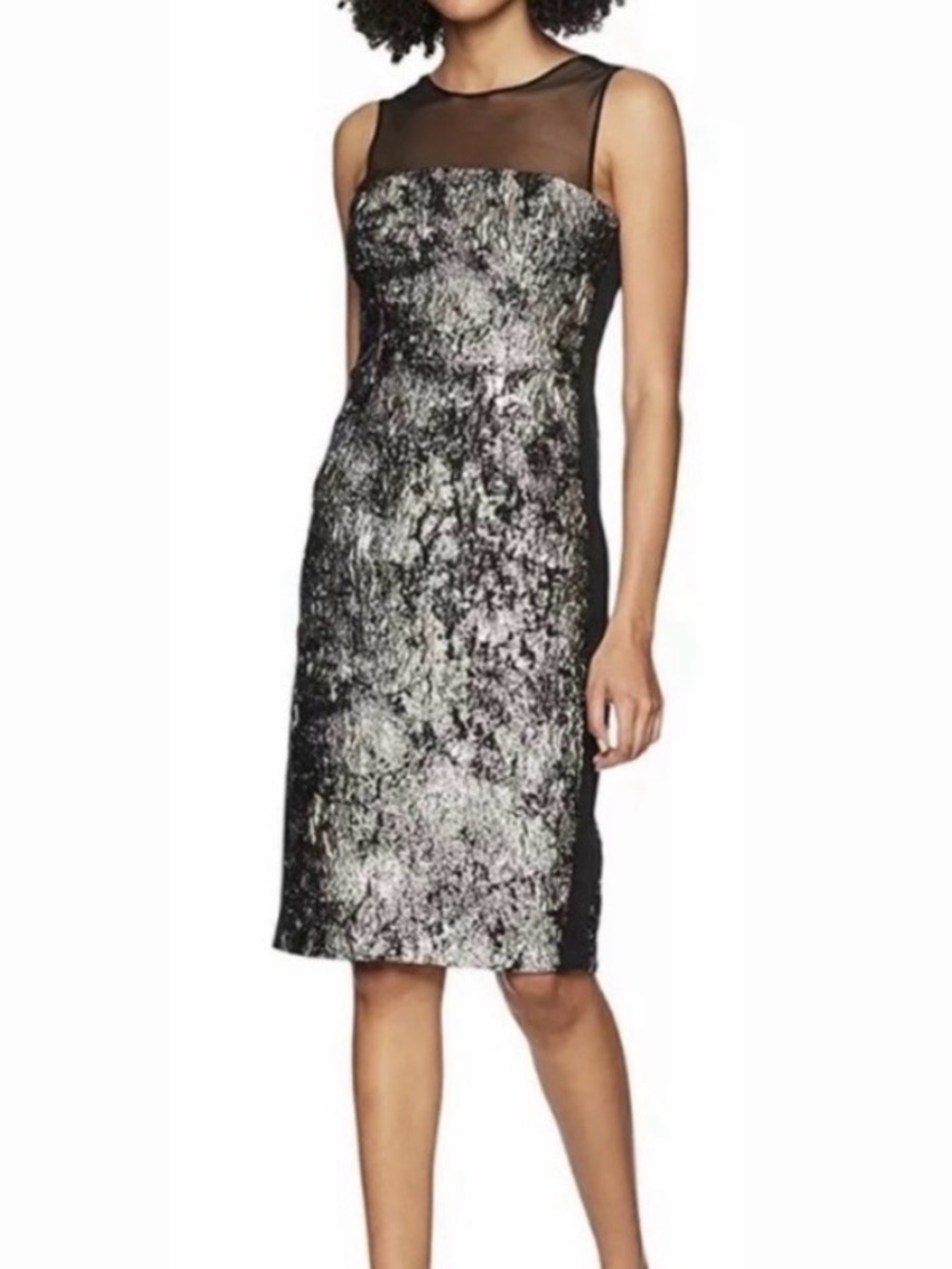Vera Wang Silver Metallic Midi Dress with Sheer Black Yoke